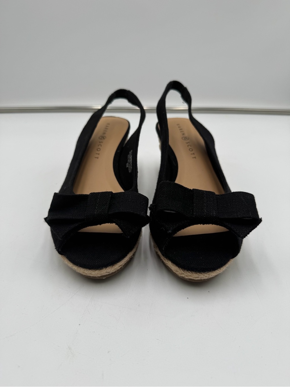 Karen Scott Alloraa Black Canvas Bow Slingback Espadrille Wedge Sandals Size 7M